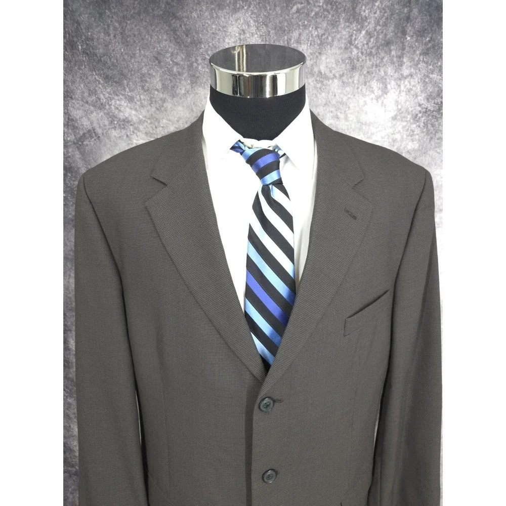 Andrew Fezza Blazer Mens 46L Brown Worsted Wool Houndstooth 3 Button Sports Coat